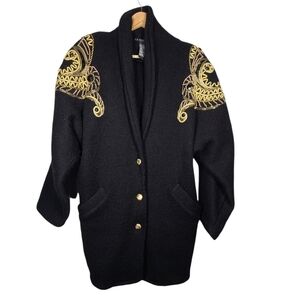 Vintage 90s Black With Gold‎ Beading and Embroidered Long  Cardigan Heavy Medium